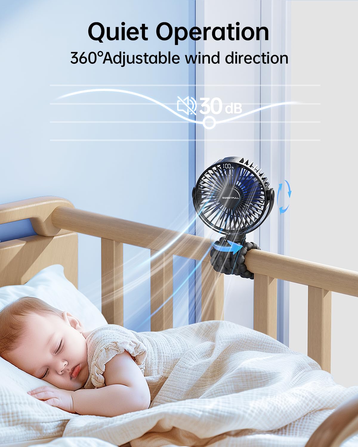 SweetFULL 360° rotation enables targeted airflow in strollers and cribs.
