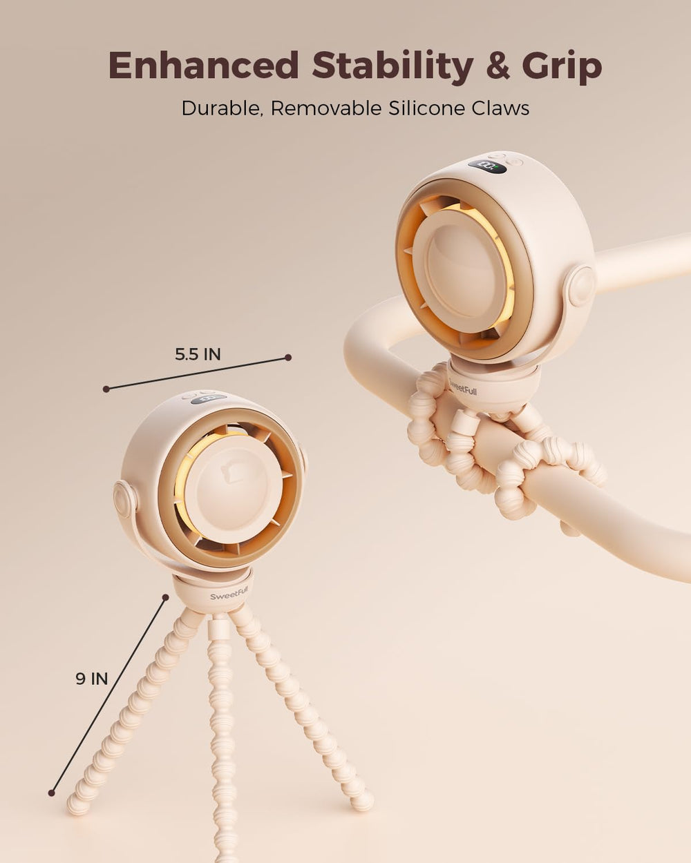 Sweetfull brown finish clip-on fan in use on stroller.