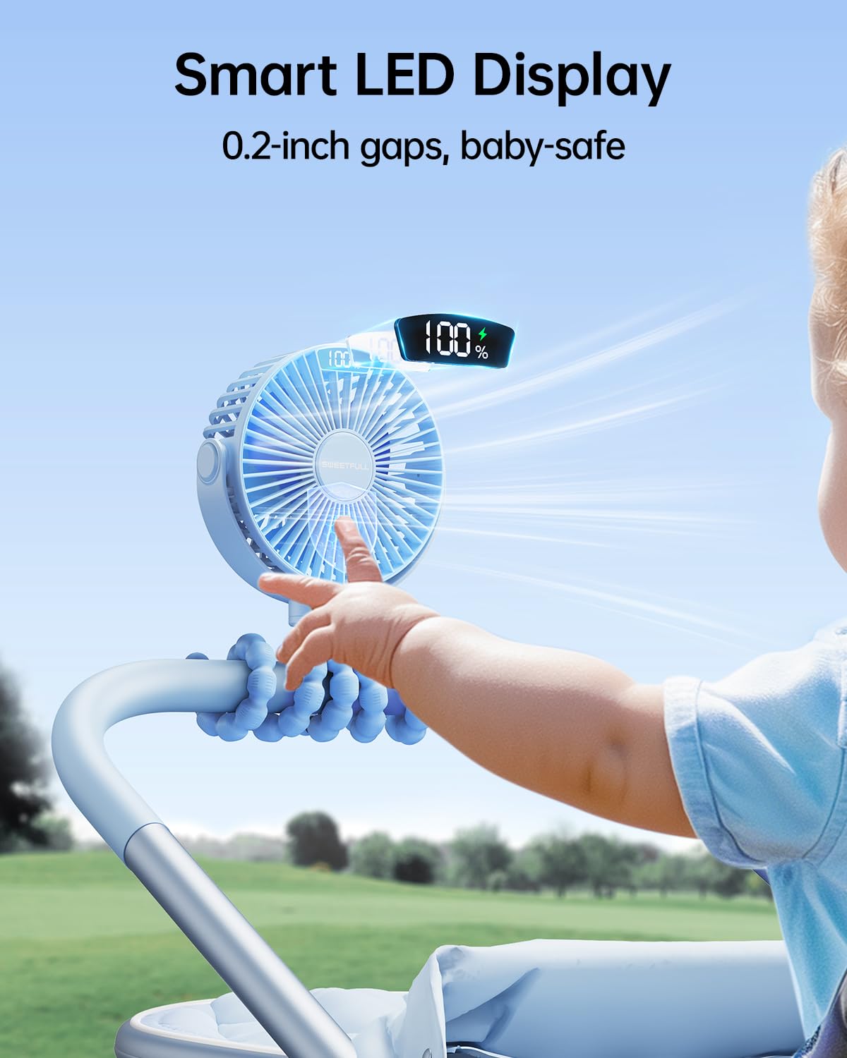 SWEETFULL clip-on fan with 360° rotation for stroller or car seat cooling.
