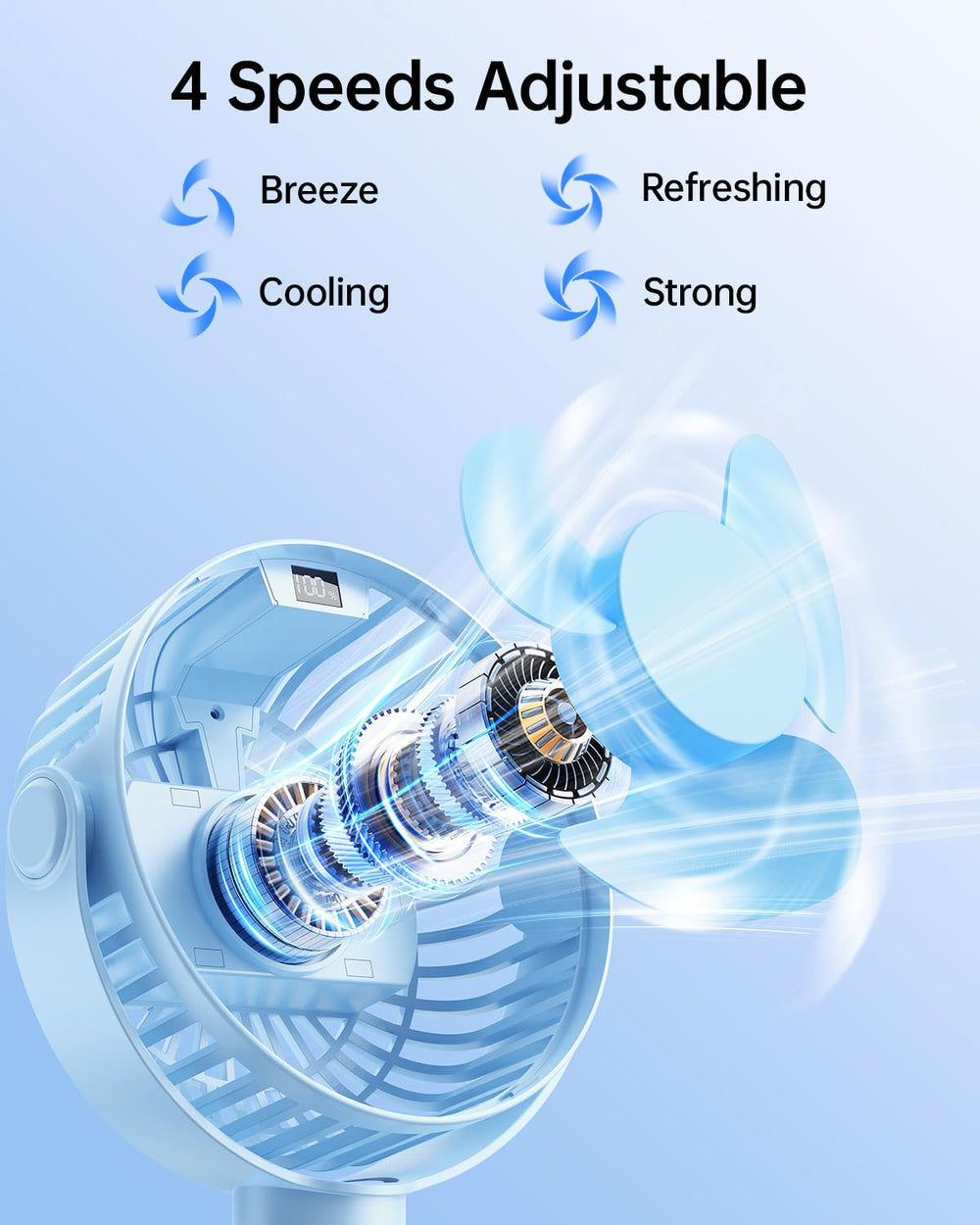 SWEETFULL four-speed rechargeable fan delivers long-lasting cooling on outings.