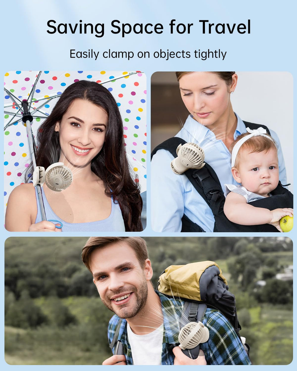 Sweetfull Mini Clip-on Fan compact size and light weight for travel.