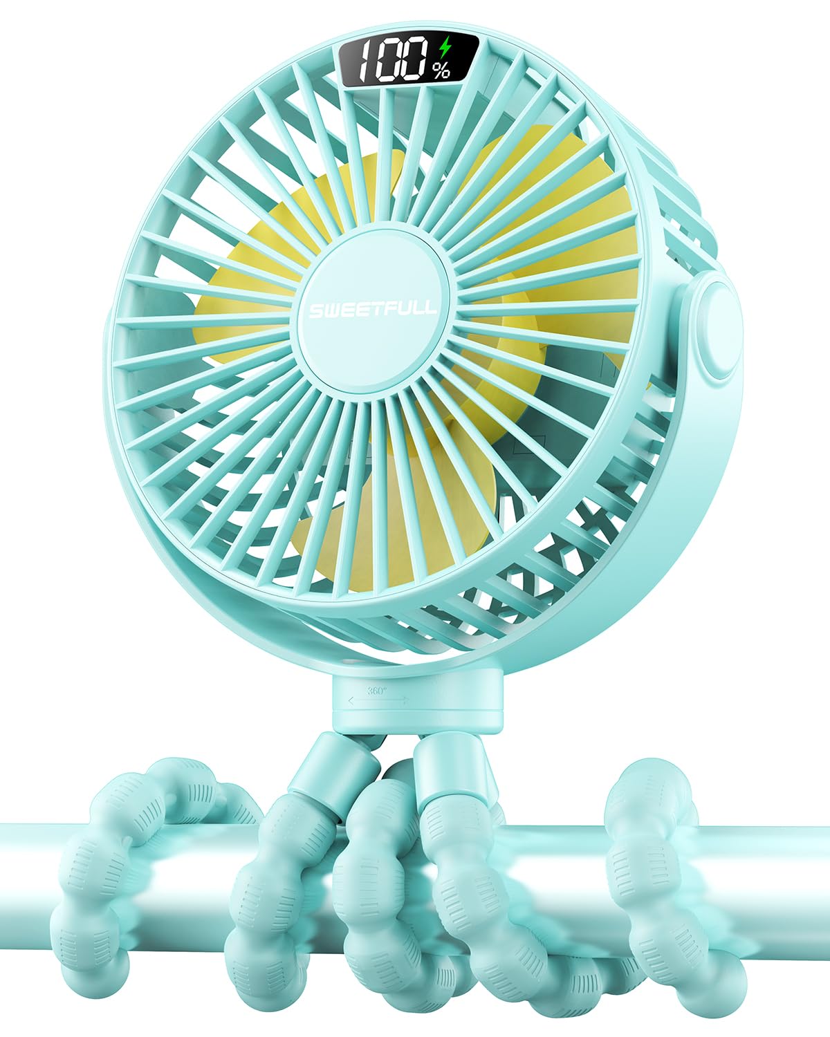 SWEETFULL portable stroller fan display shows wind speed and battery life for easy control.