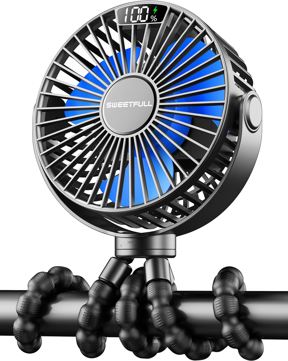 SweetFULL portable stroller fan with LED display for easy wind-speed and battery monitoring.