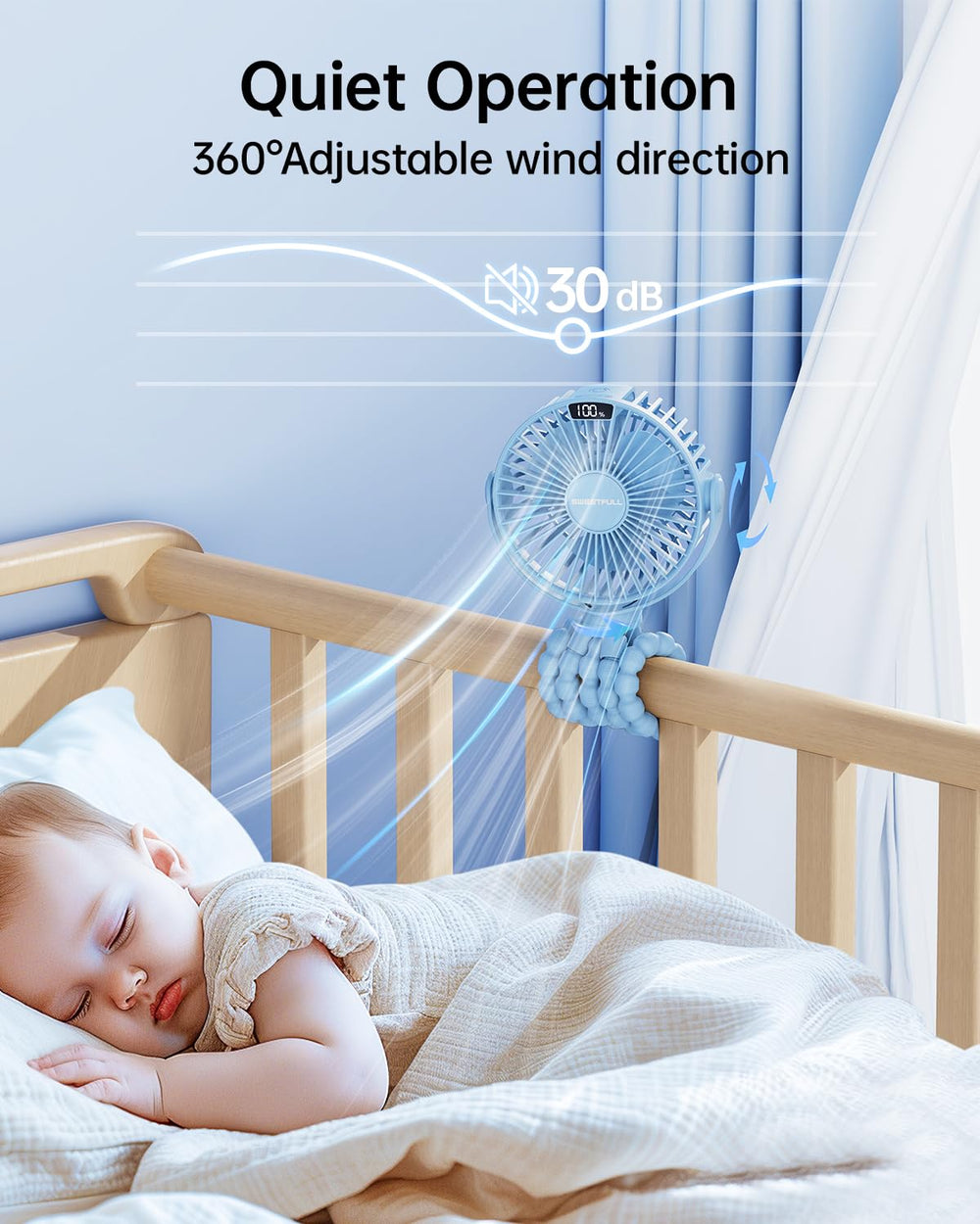 SWEETFULL quiet fan operates under 30 dB for baby-friendly environments.