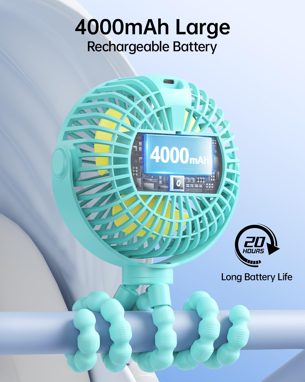 SWEETFULL stroller fan in 360-degree rotation for adjustable airflow.