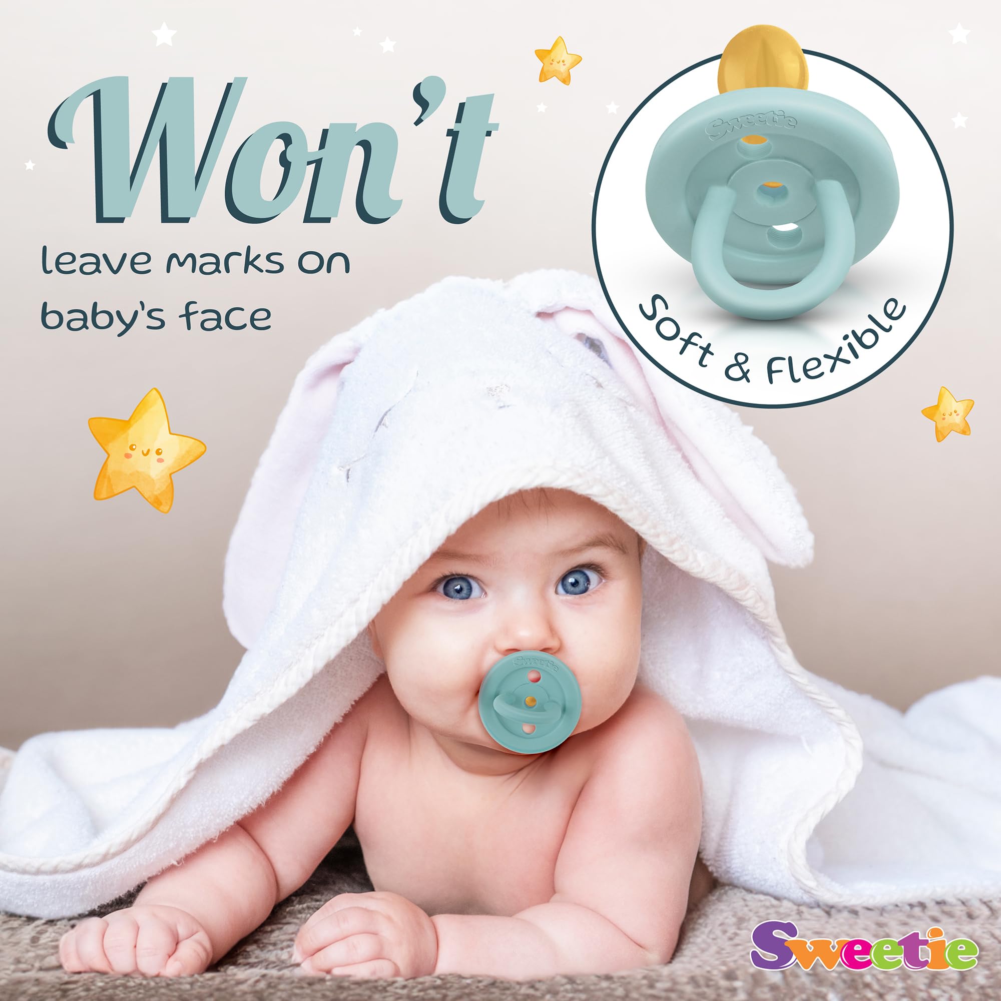 Sweetie EN1400 compliant rubber pacifier in turquoise