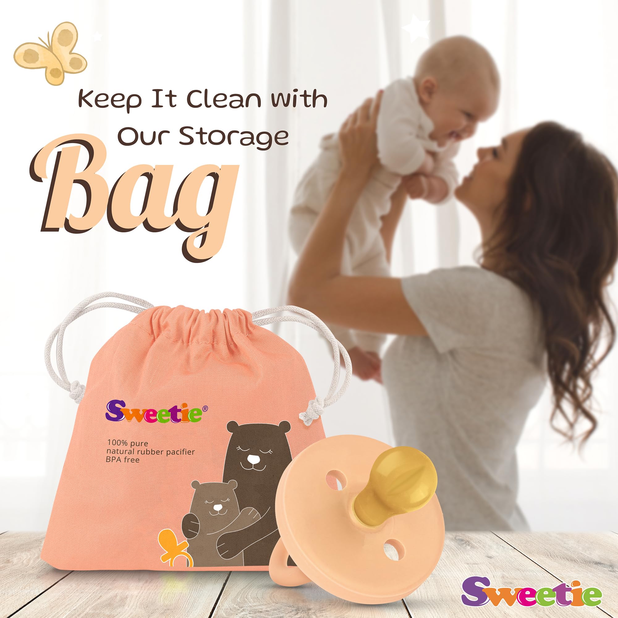 Sweetie EN1400-certified pacifier highlighting safety standard for peace of mind.