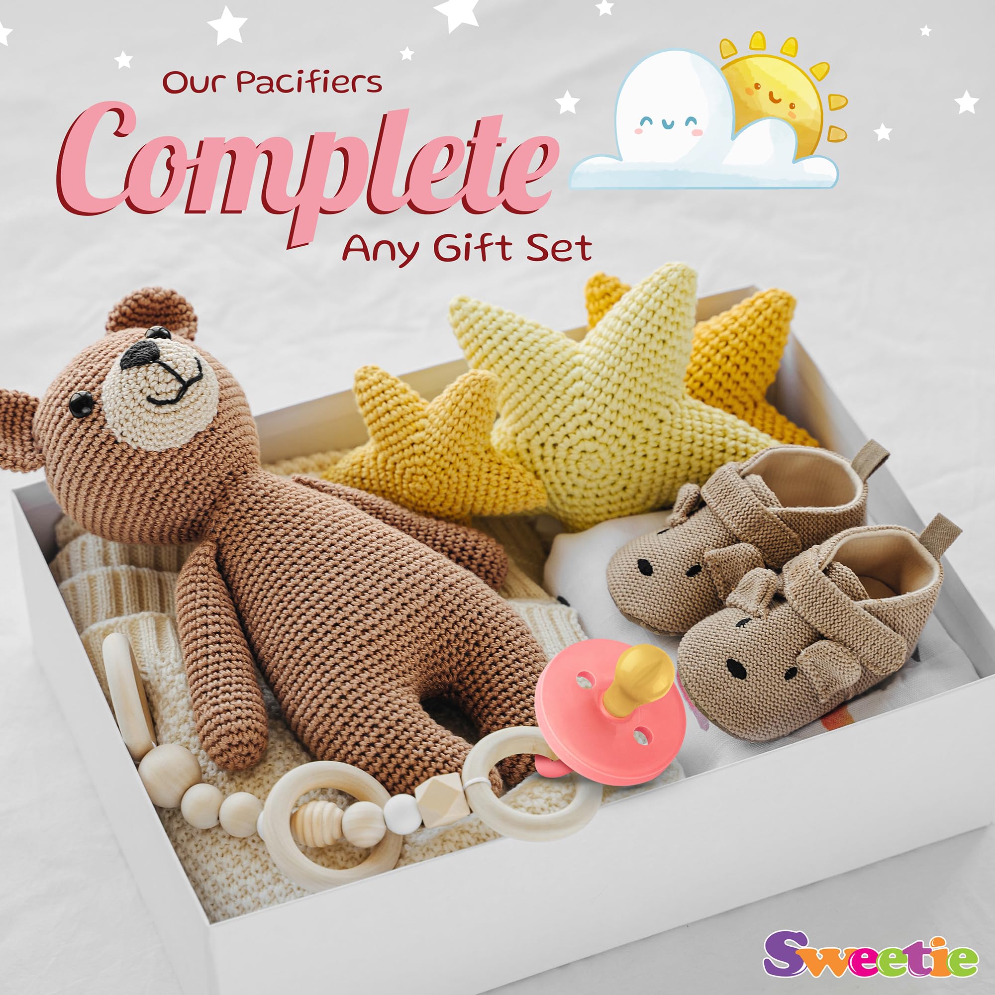 Sweetie pink pacifier shown conforming to EN1400 standard.