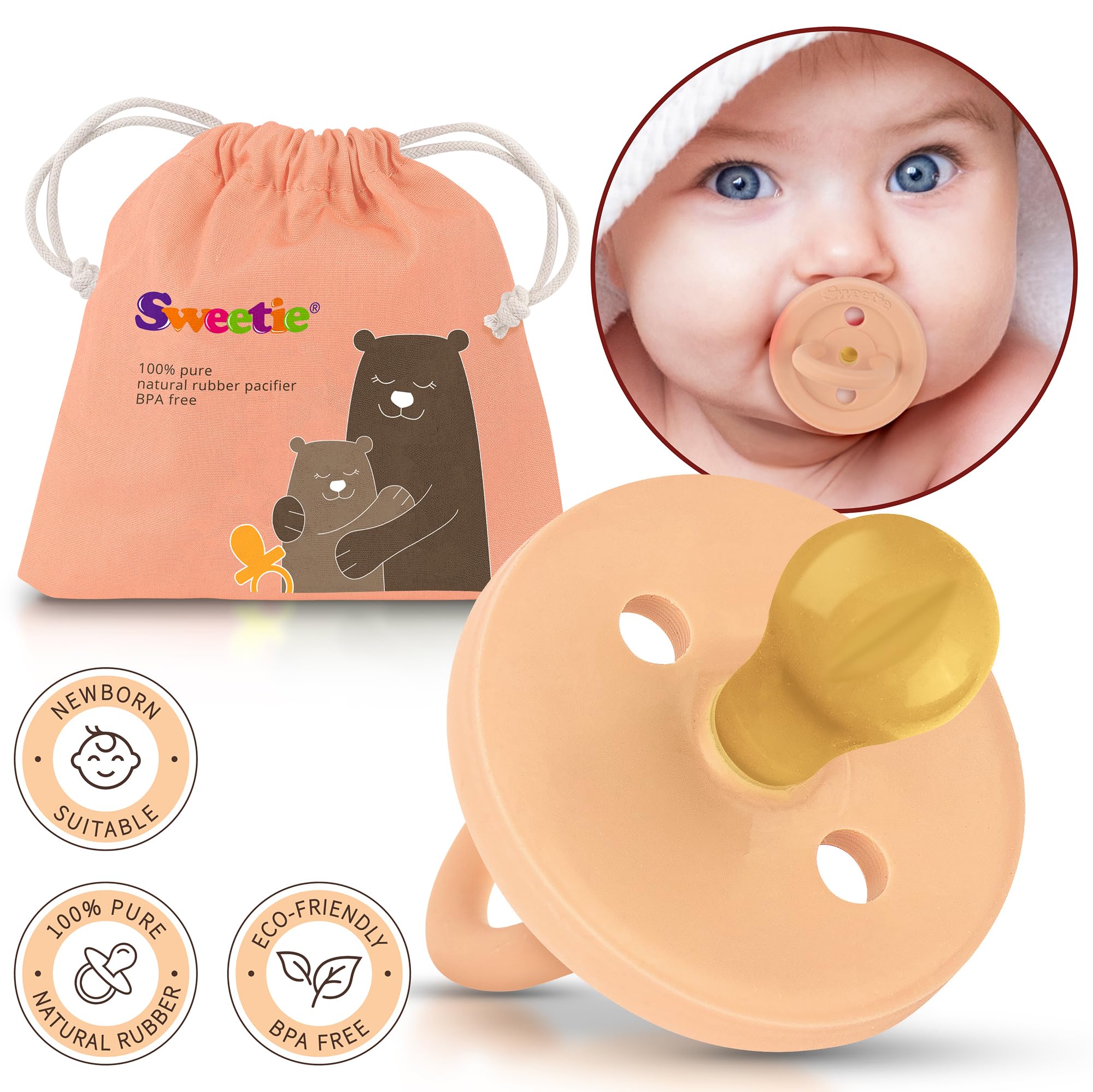 Sweetie natural rubber pacifier on soft surface illustrating ergonomic design.