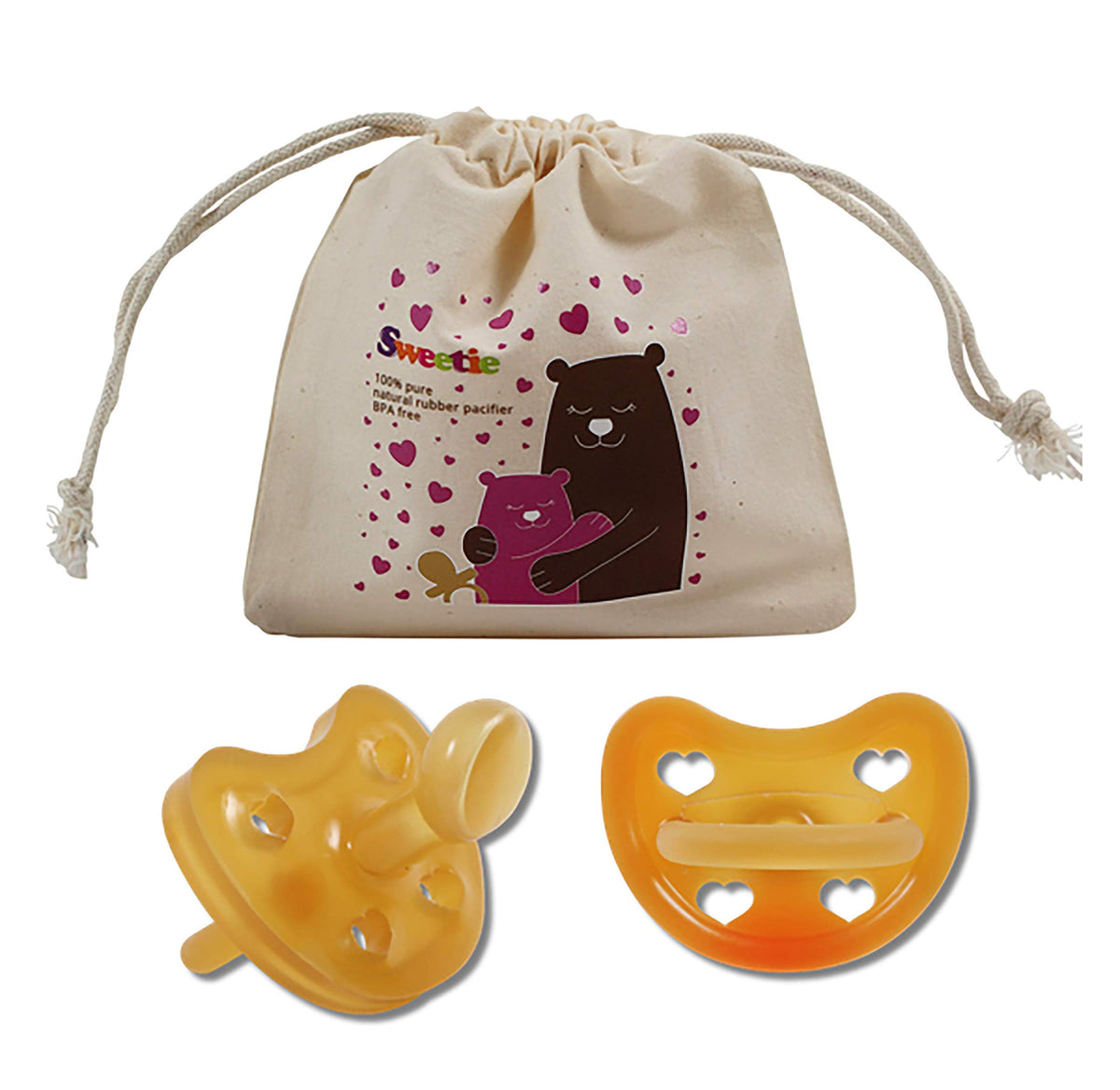 Sweetie heart-shaped rubber pacifier close-up shows soft natural material and baby-friendly design.