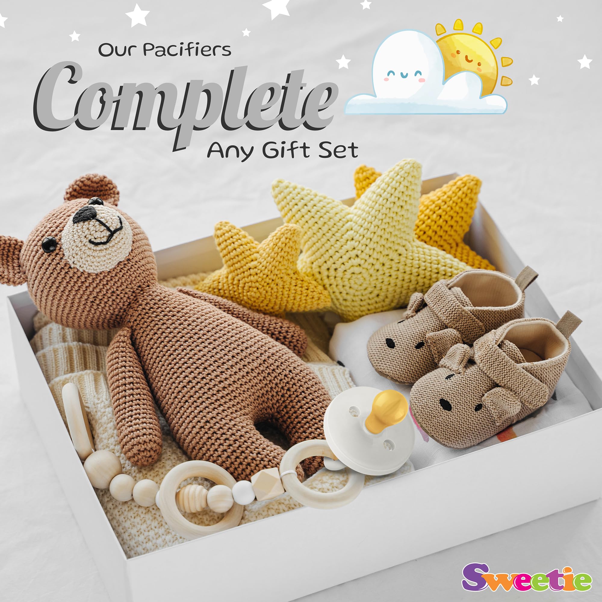 Sweetie rubber pacifier no BPA nitrosamines or phthalates grey; safe-sounding materials.
