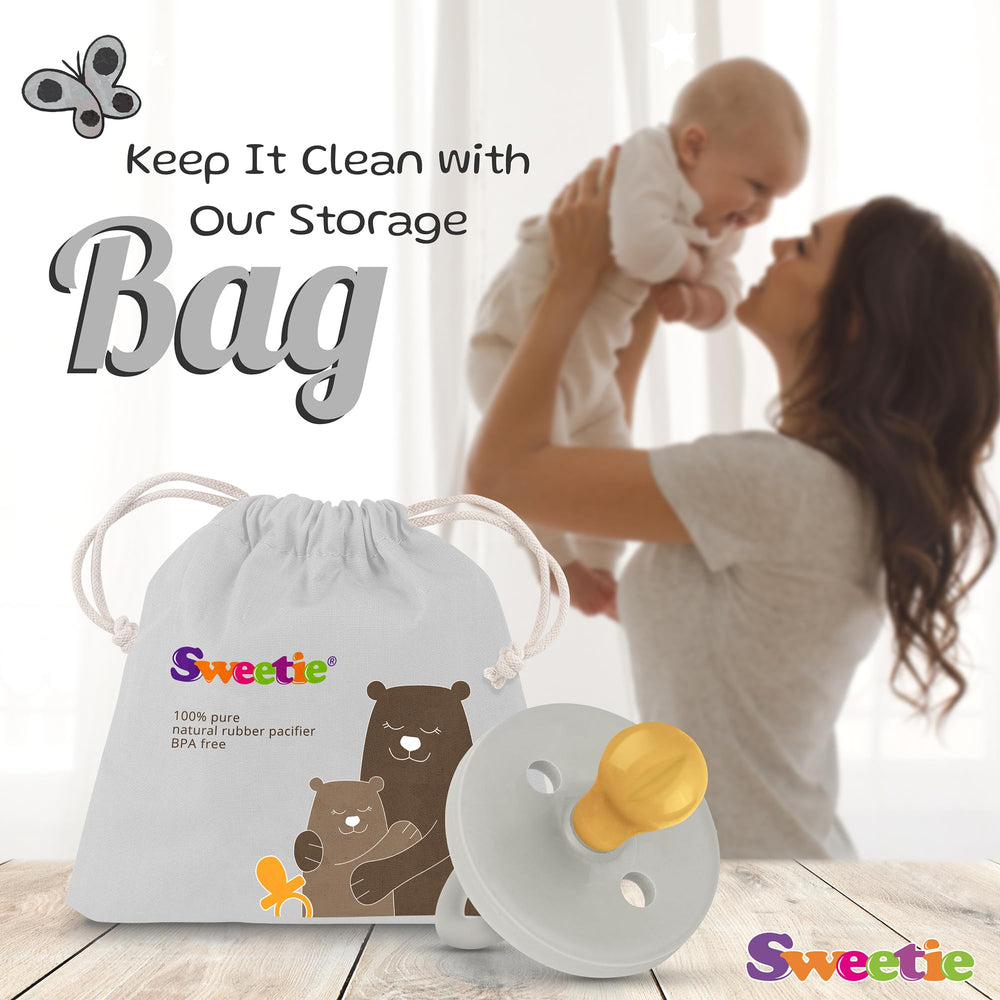 Sweetie rubber pacifier EN1400 standard grey; certified compatibility for standard use.