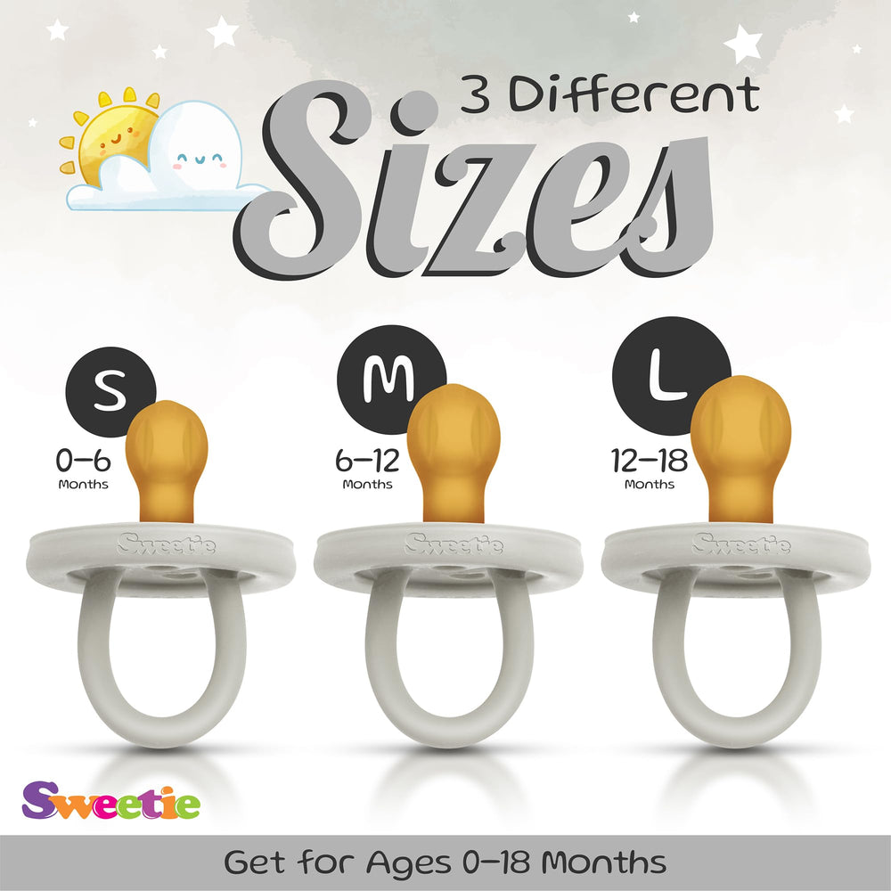Sweetie rubber pacifier natural rubber material grey; eco-friendly choice with smooth texture for baby comfort.