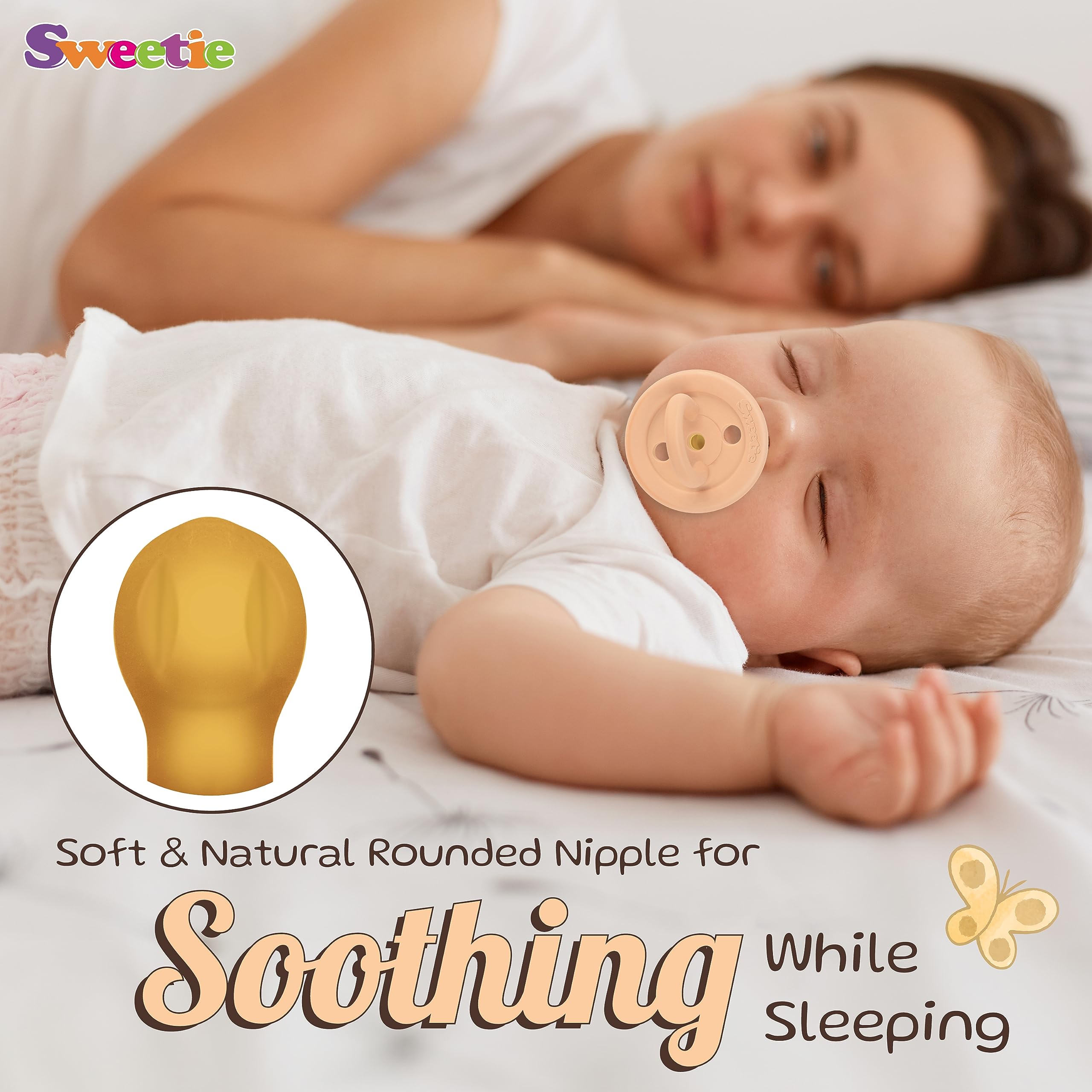 Sweetie pacifier rounded nipple closeup shows natural shape for comfortable suckling.
