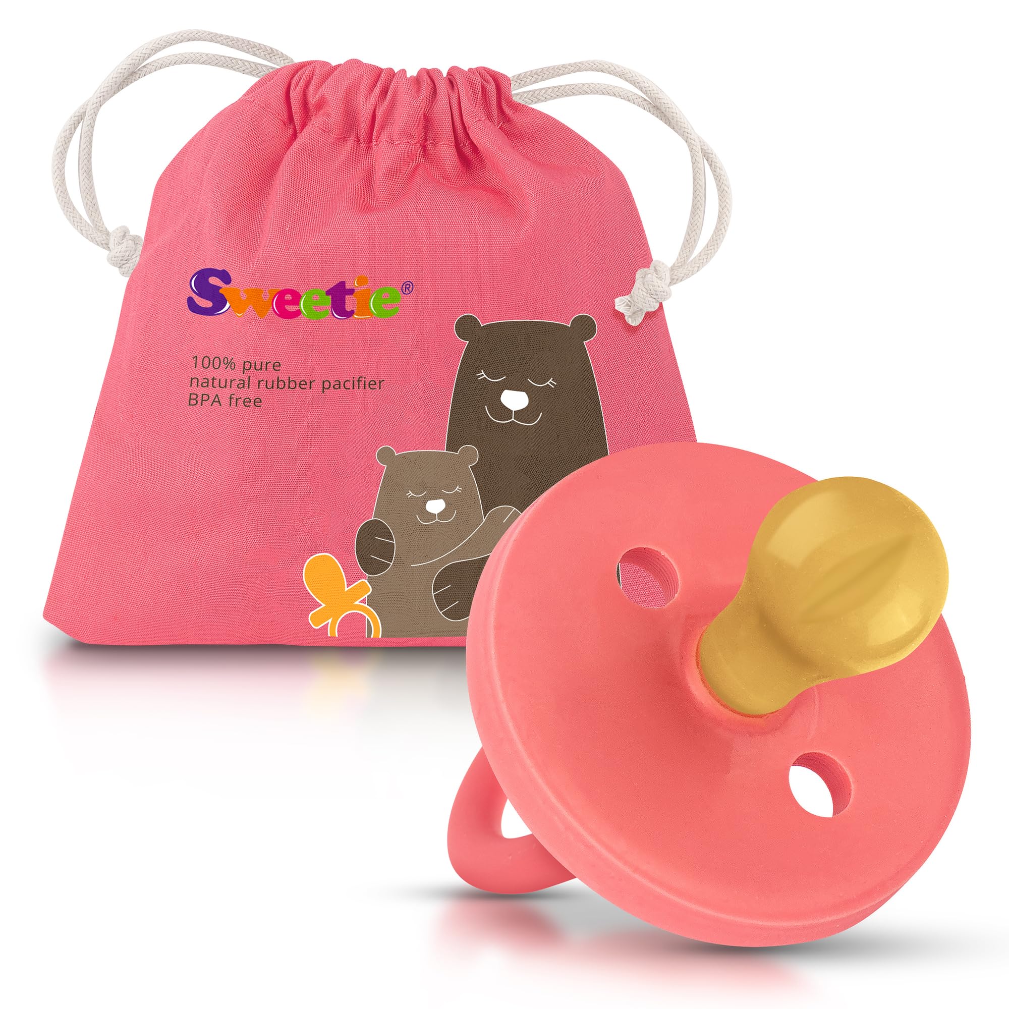 Sweetie rubber pacifier with pink rounded nipple for gentle newborn soothing.
