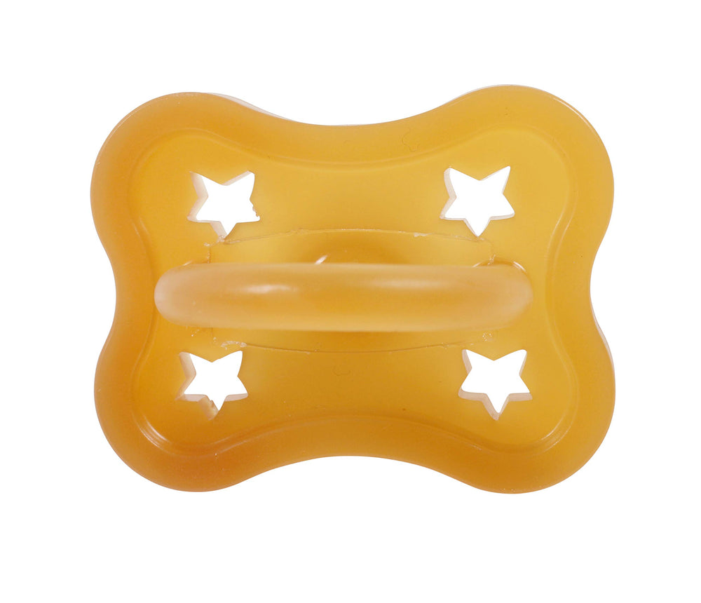 Sweetie star-shaped pacifier side view with symmetrical nipple for balanced latch.