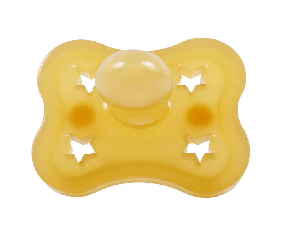 Sweetie star-shaped pacifier close-up shows safe, non-toxic material and smooth surface.