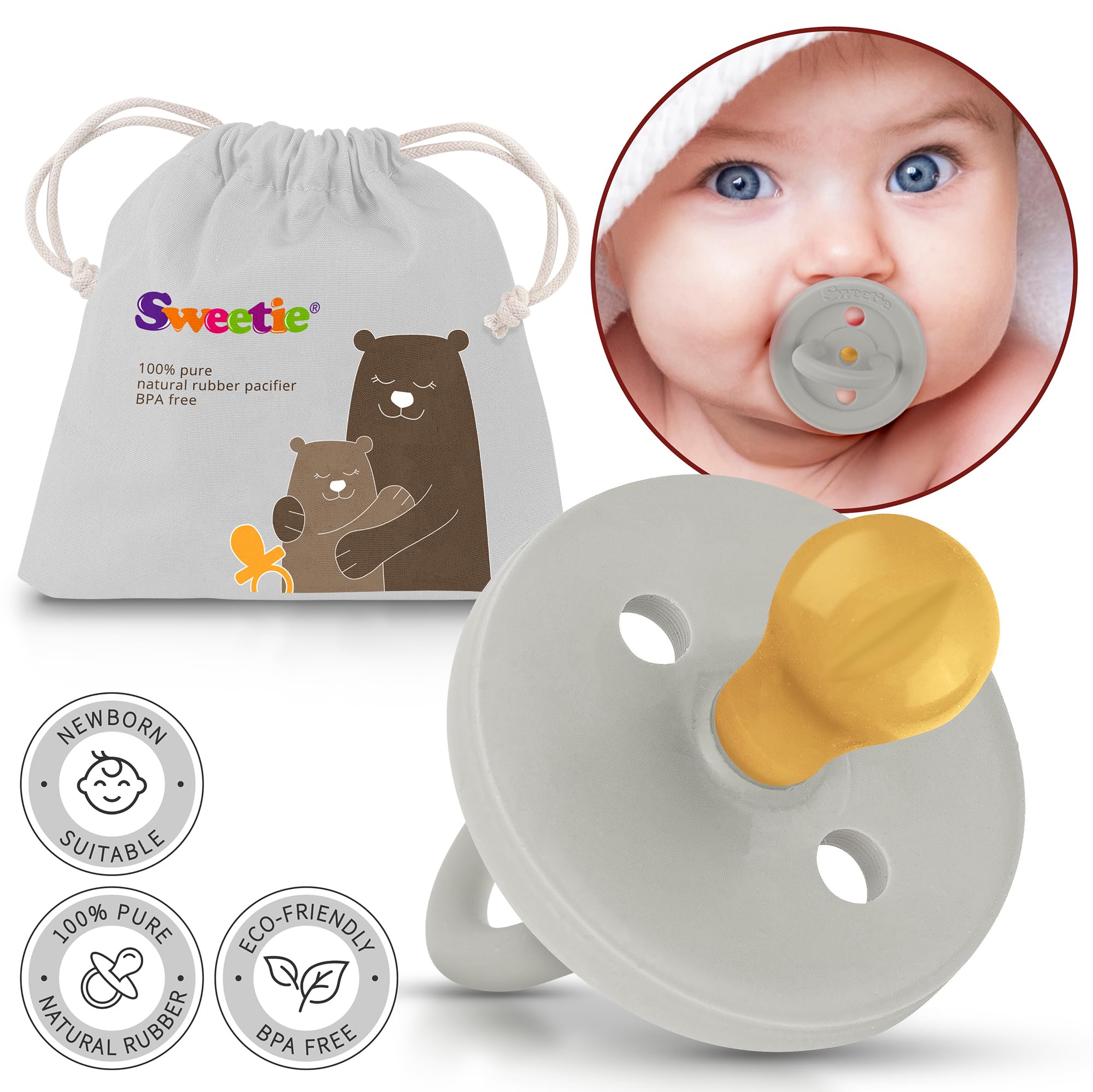 Sweetie rubber pacifier teething-friendly grey; light chew-friendly design for comfort.