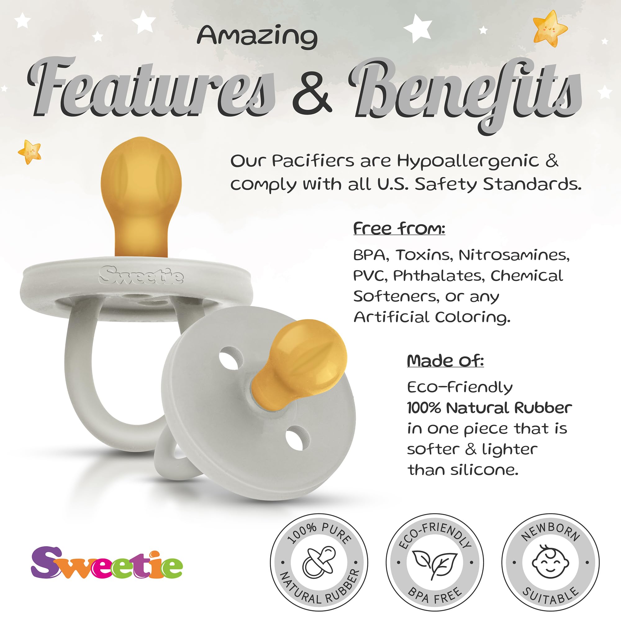 Sweetie rubber pacifier rounded grey baby use at bedtime; soothing routine companion.