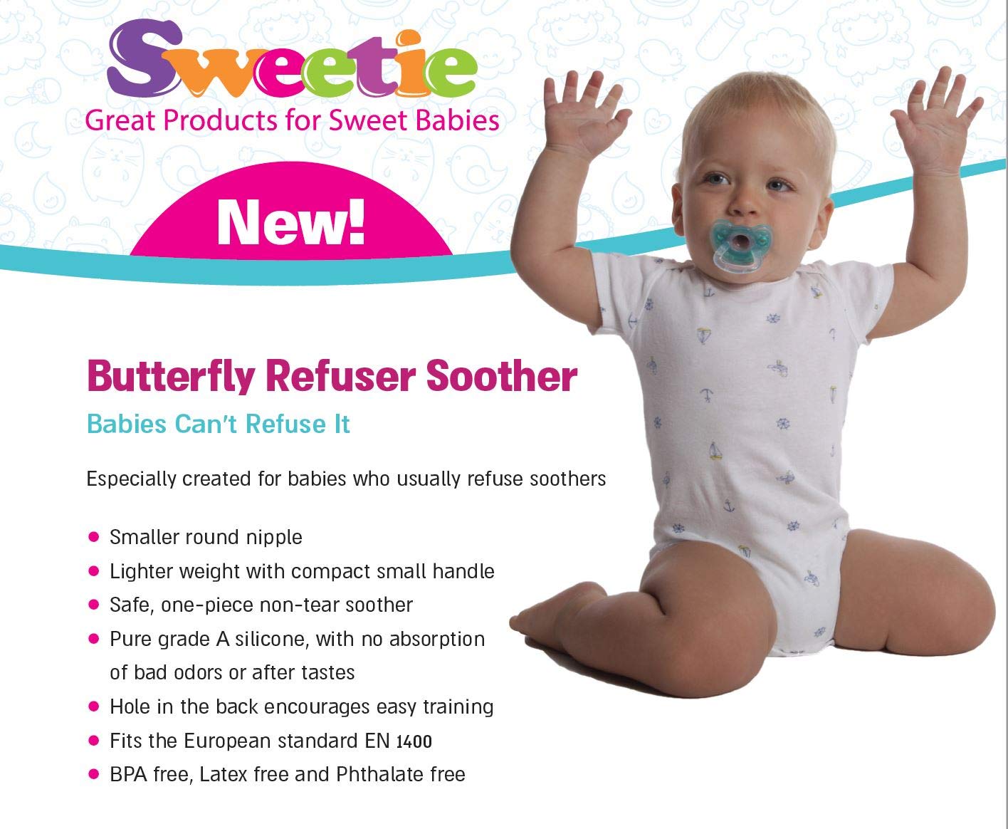 Sweetie 2-pack silicone pacifiers in retail box, ready for gifting or quick restock