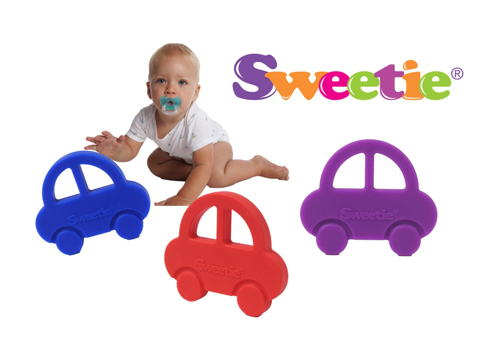Sweetie teether portable baby toy in purple, ideal for travel and play.