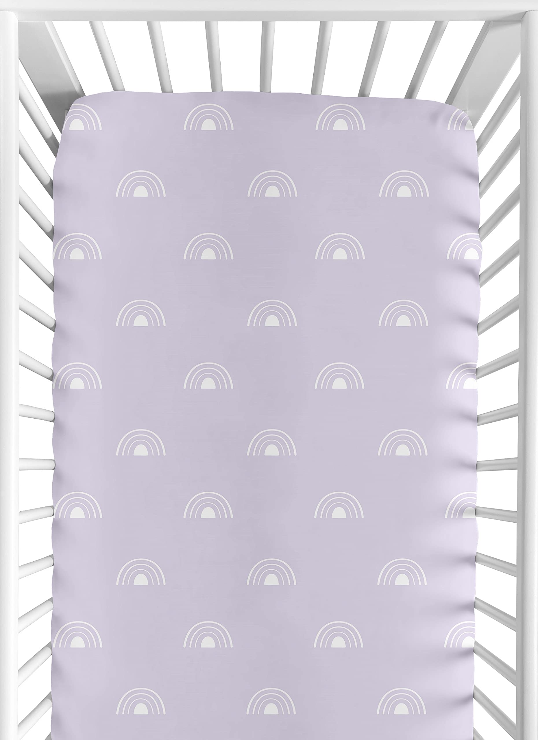 Sweet Jojo Designs lavender boho rainbow crib sheet for a calming nursery vibe