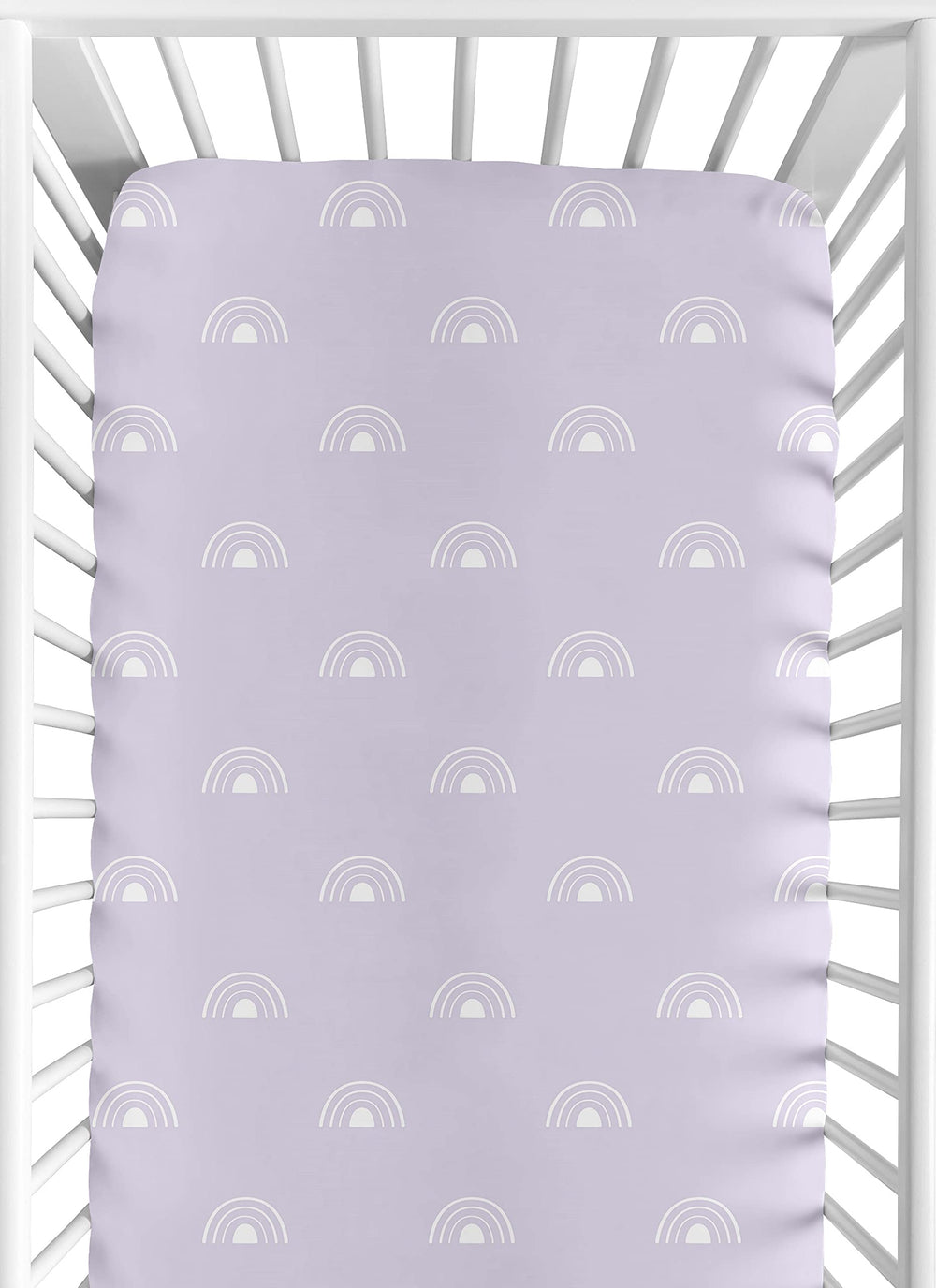 Sweet Jojo Designs lavender boho rainbow crib sheet for a calming nursery vibe