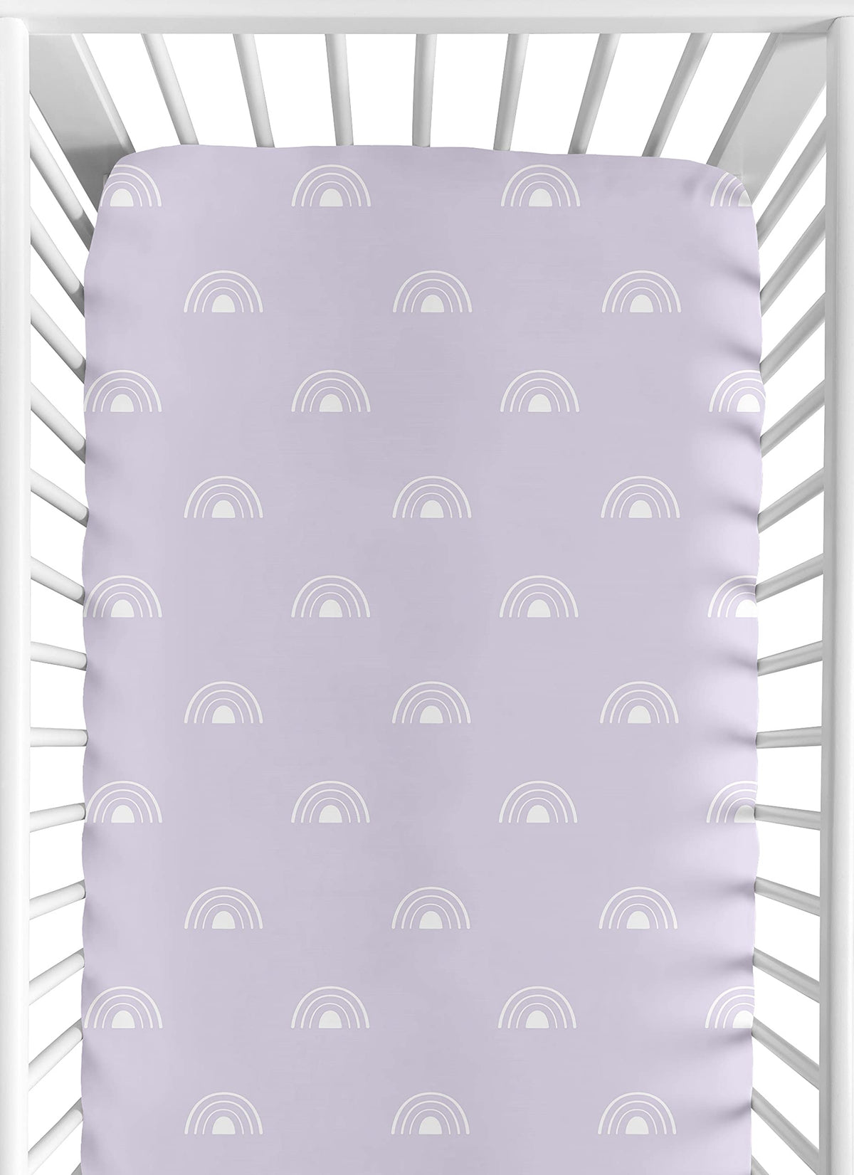 Sweet Jojo Designs lavender boho rainbow crib sheet for a calming nursery vibe