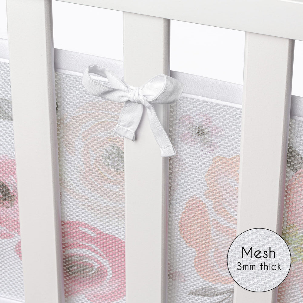 Sweet Jojo pink-grey boho theme enhances nursery decor.