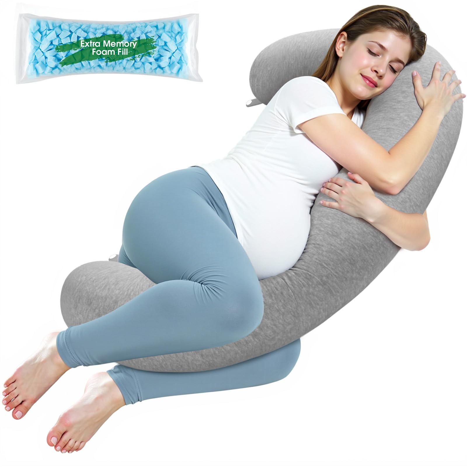 SweetSlubr pregnancy pillow with c-shape full-body support for side sleepers.
