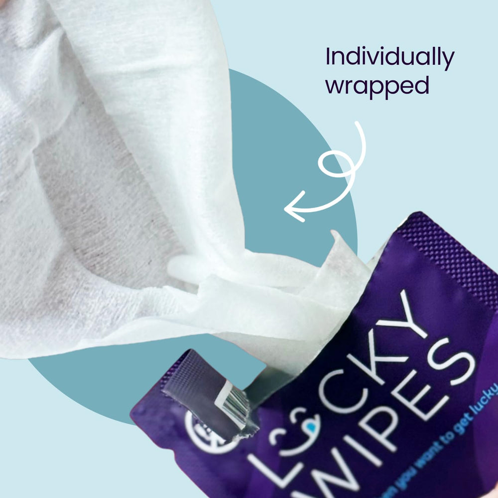 Sweetums Lucky Wipes open pack reveals convenient, ready-to-use wipes.