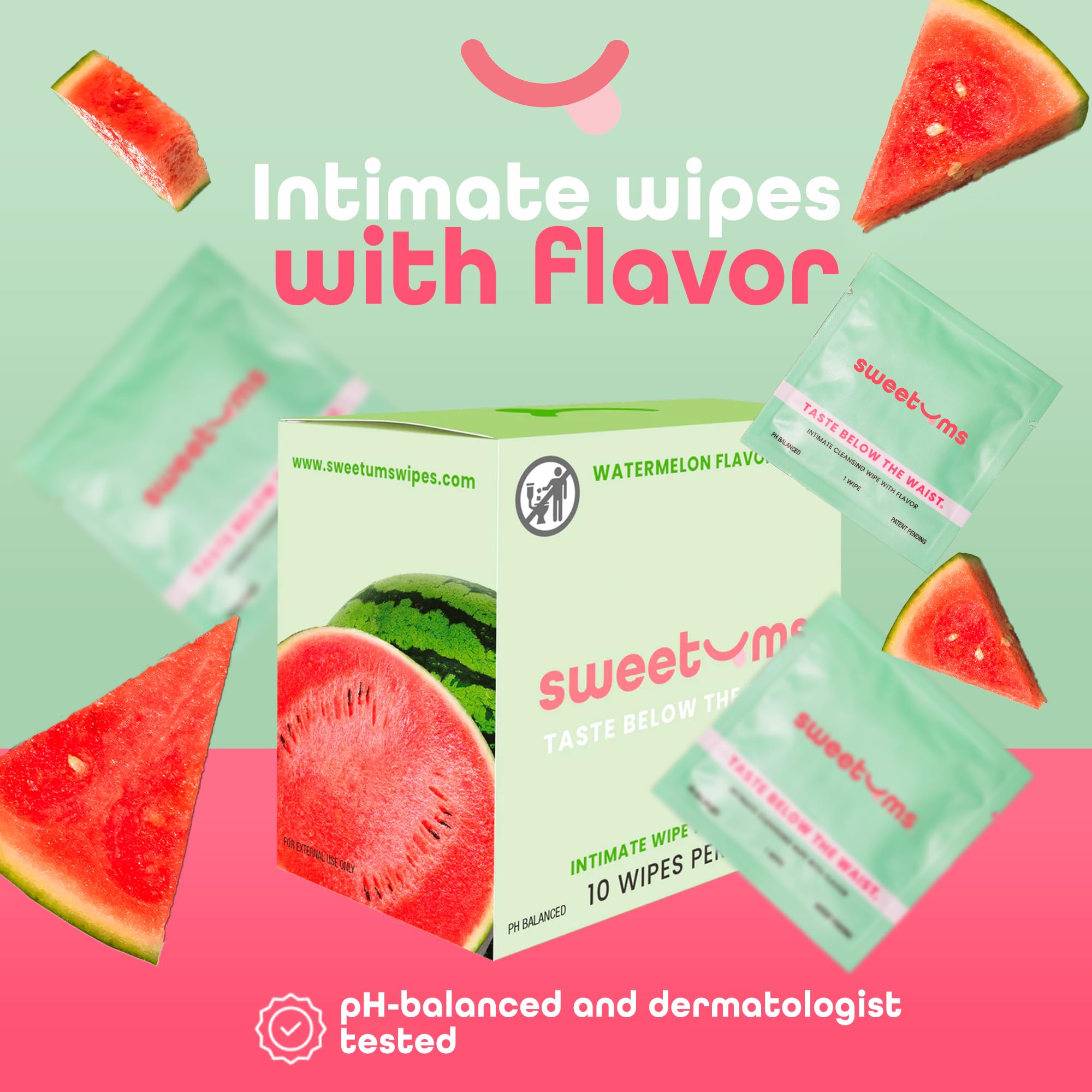 Sweetums Watermelon wipes, individually wrapped for discreet use