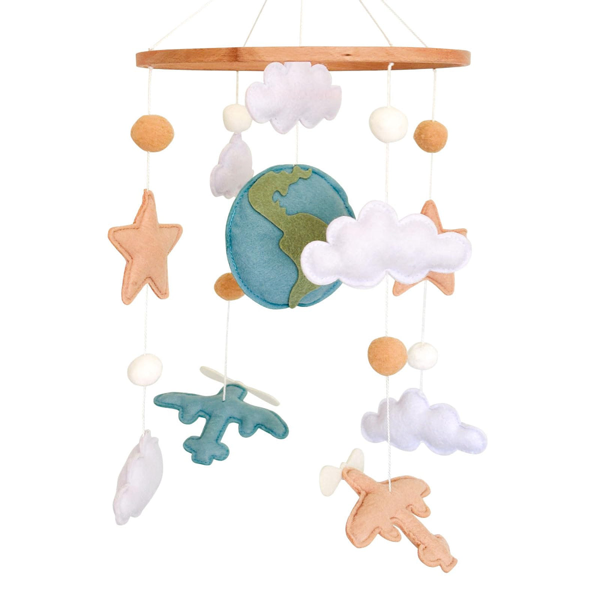 Sweety Baby airplane mobile with globe, clouds, and stars promotes visual tracking in a calm nursery