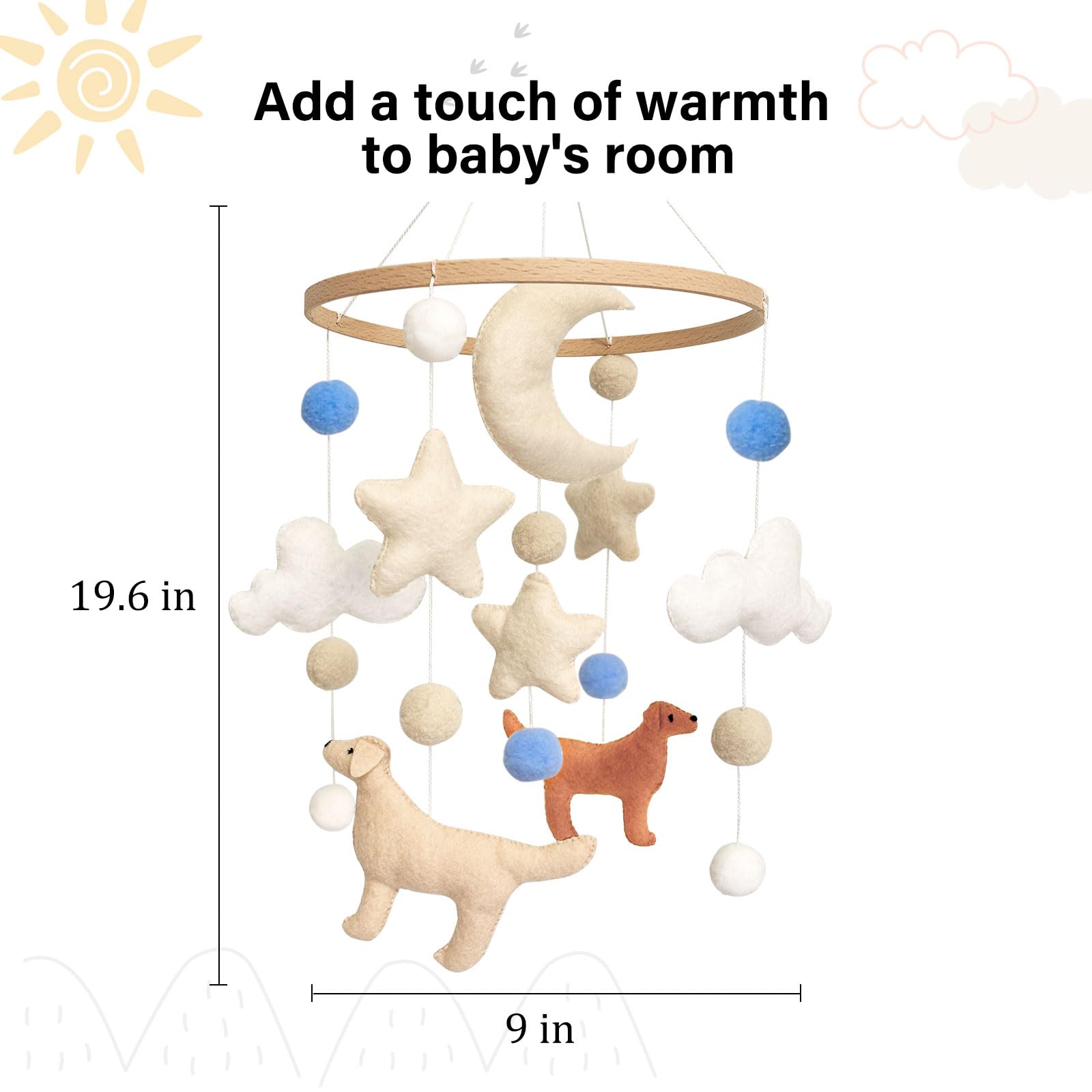 Sweety Baby dog mobile bassinet-ready design suits cribs, bassinets, and play yards.