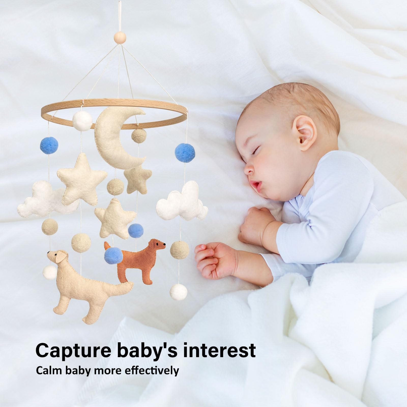 Sweety Baby dog mobile blue felt ball adds color and tactile interest for play.