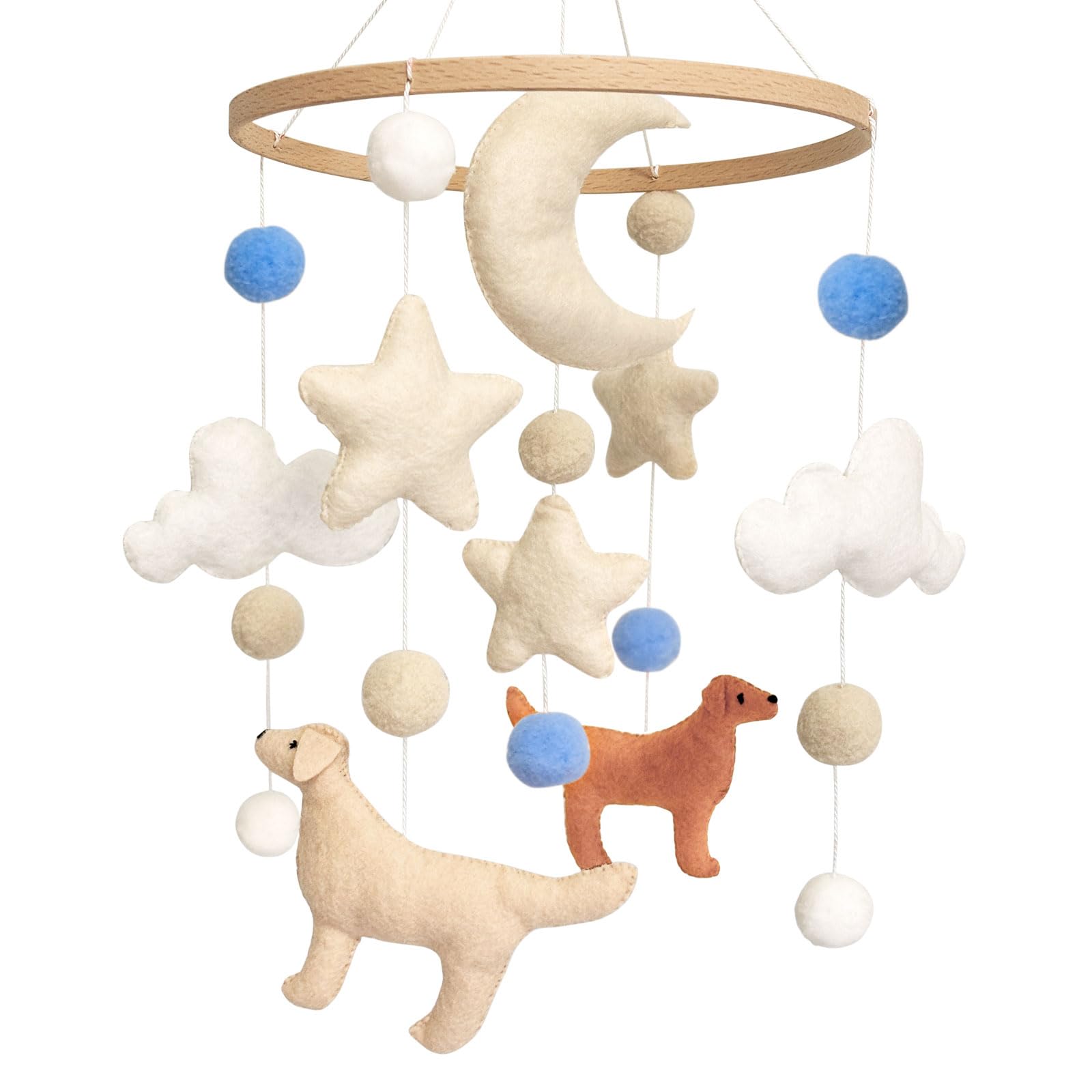 Sweety Baby dog mobile with dog figures promotes gentle visual tracking above the crib.