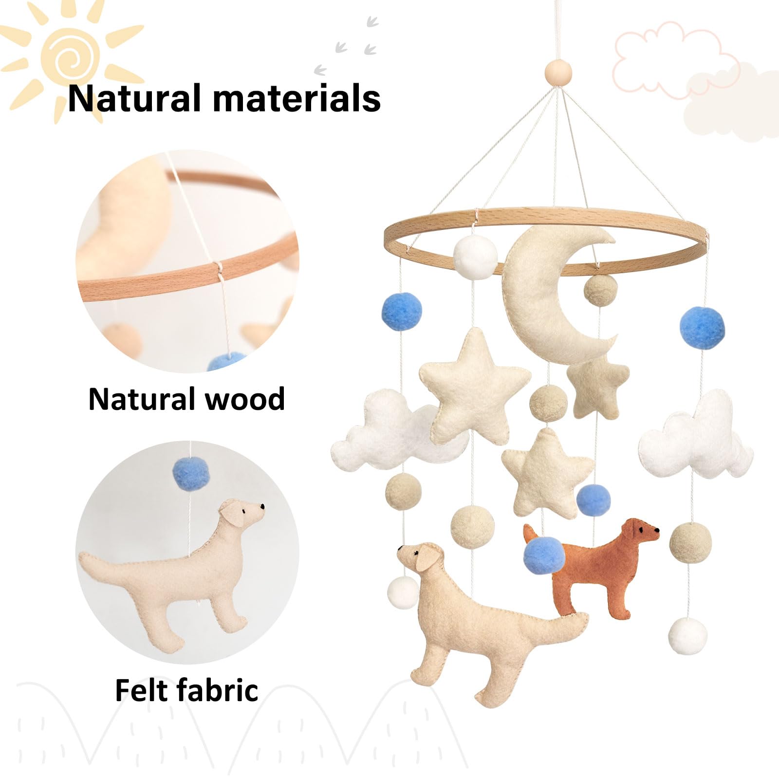 Sweety Baby dog mobile features moon figures to spark newborn curiosity.