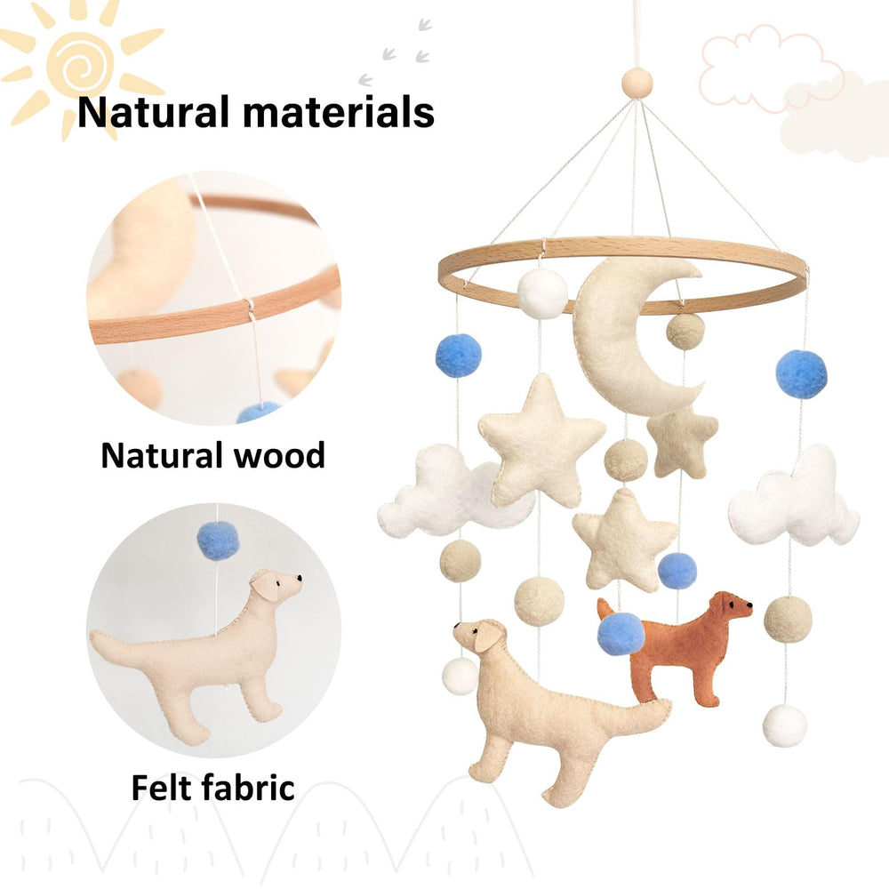 Sweety Baby dog mobile features moon figures to spark newborn curiosity.