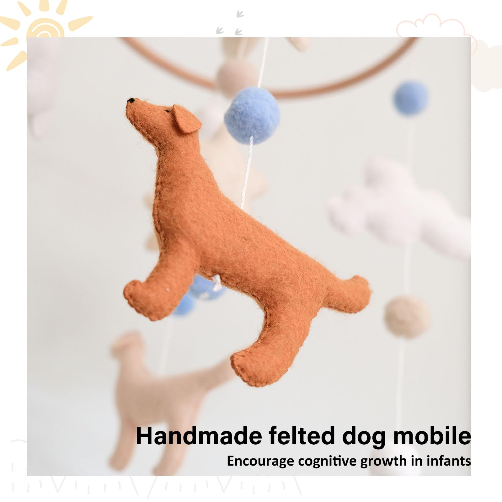 Sweety Baby dog mobile star accents invite attention and exploration for babies.