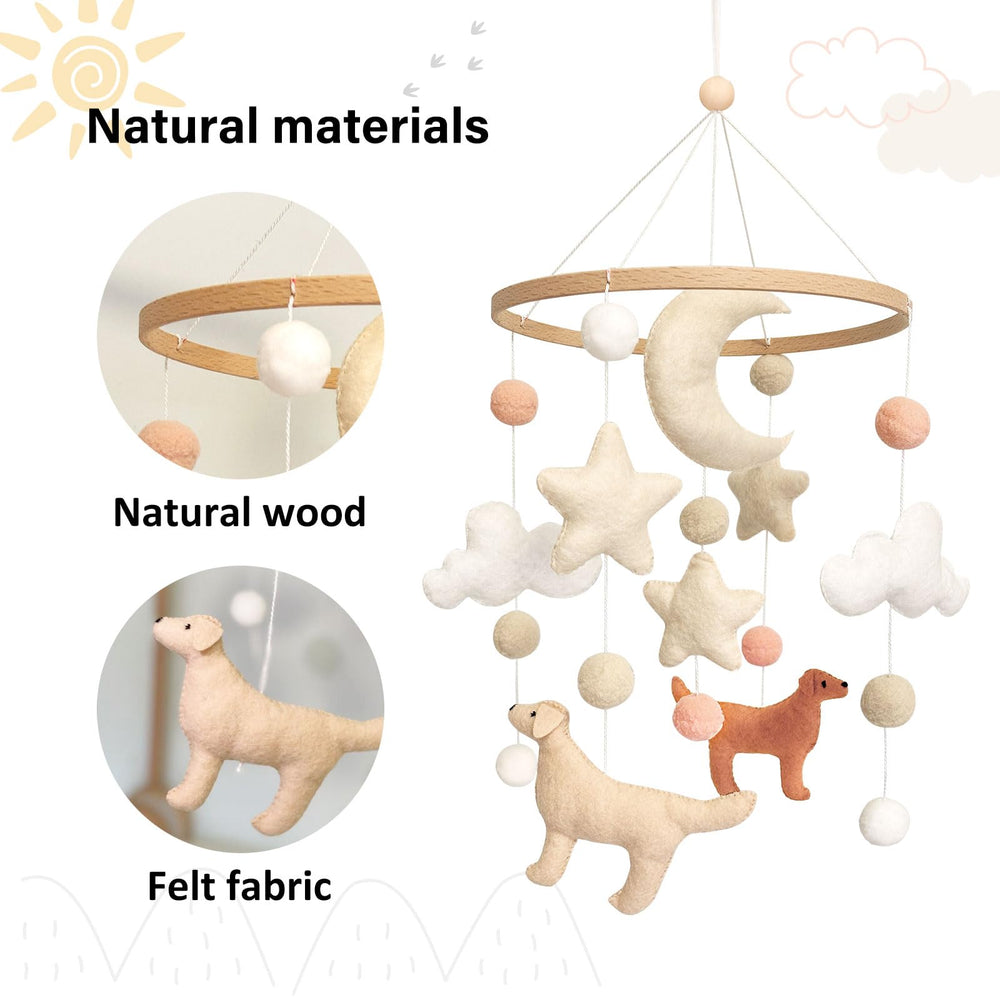 Sweety Baby dog theme mobile featuring a gentle moon charm for night-time focus.