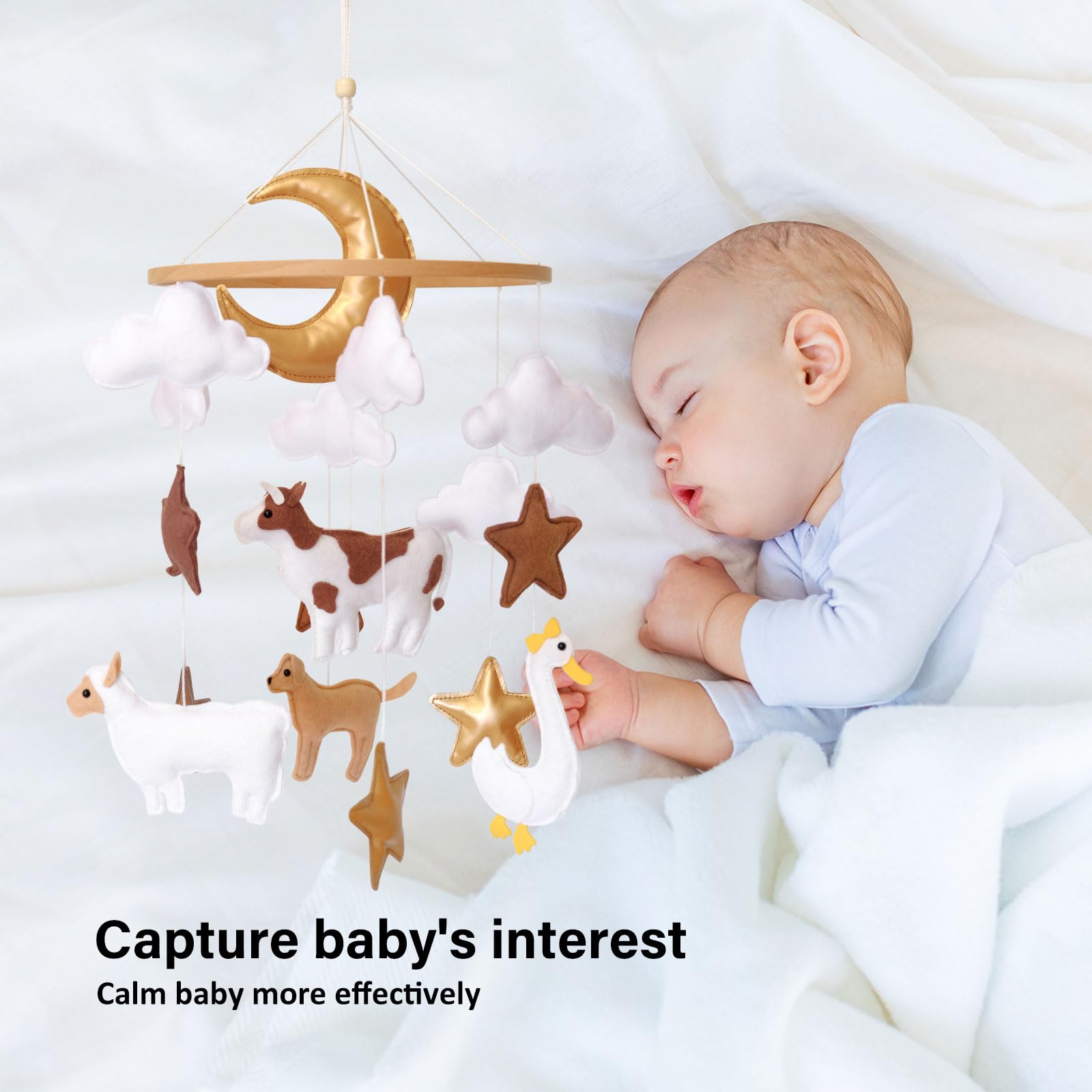 Sweety Baby farm animals mobile moon provides calming visuals during naps