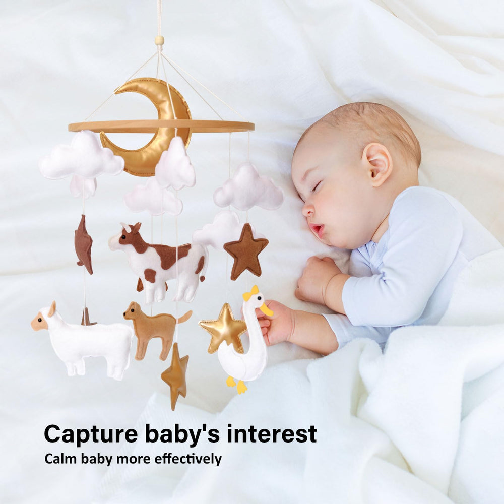 Sweety Baby farm animals mobile moon provides calming visuals during naps