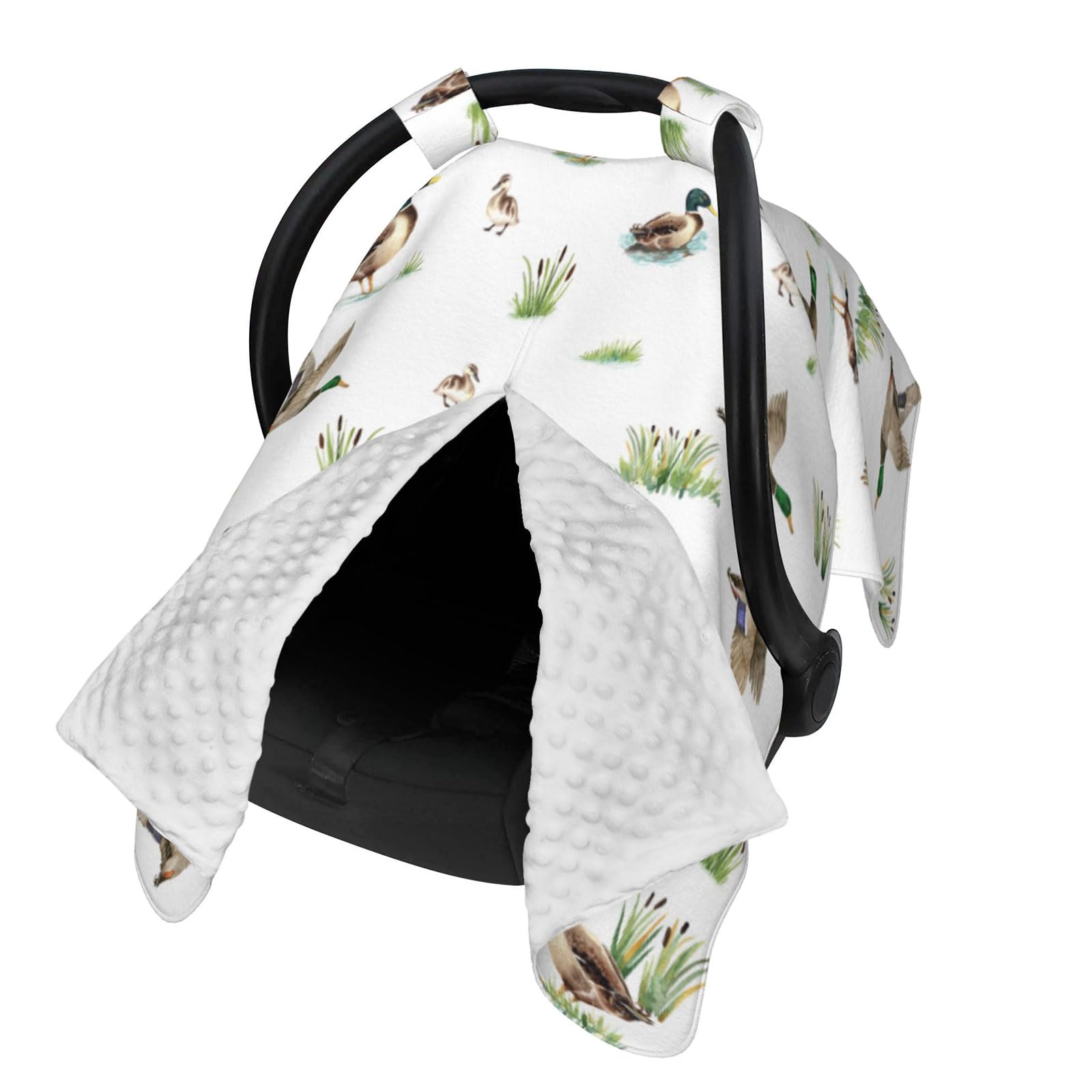 Sweety Baby Mallard Duck car seat cover with peekaboo opening for easy checks.