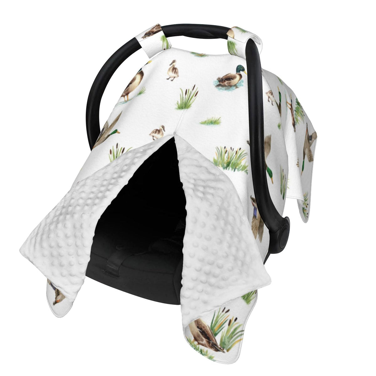 Sweety Baby Mallard Duck car seat cover with peekaboo opening for easy checks.