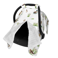 Sweety Baby Mallard Duck car seat cover with peekaboo opening for easy checks.
