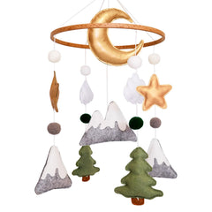 Sweety Baby Mountain Mobile with moon and trees promotes calm visual focus above the crib.