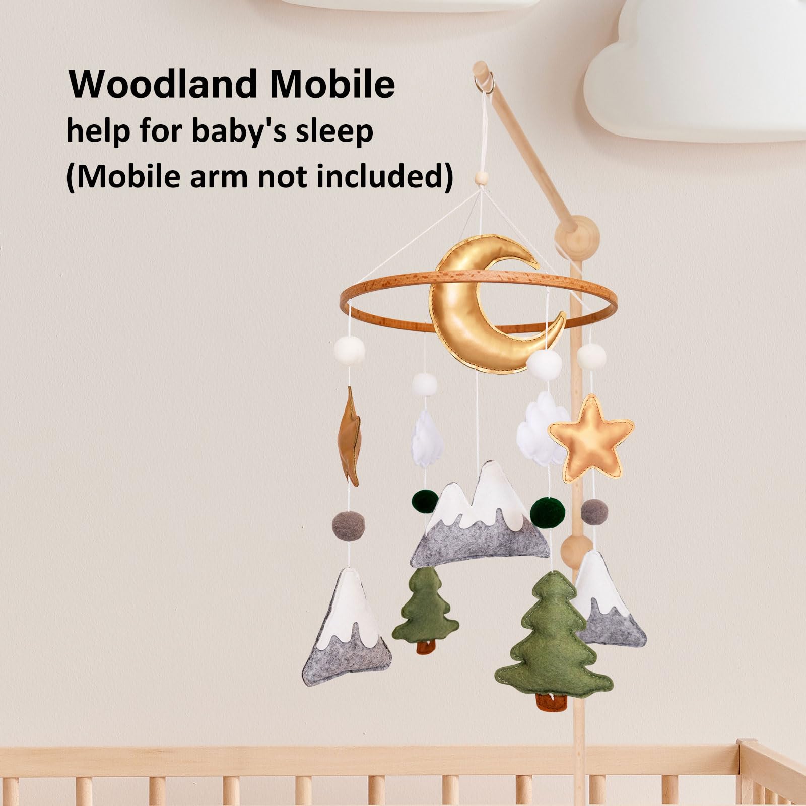 Sweety Baby Mountain Mobile on a wooden hoop offers lightweight, safe crib decor.