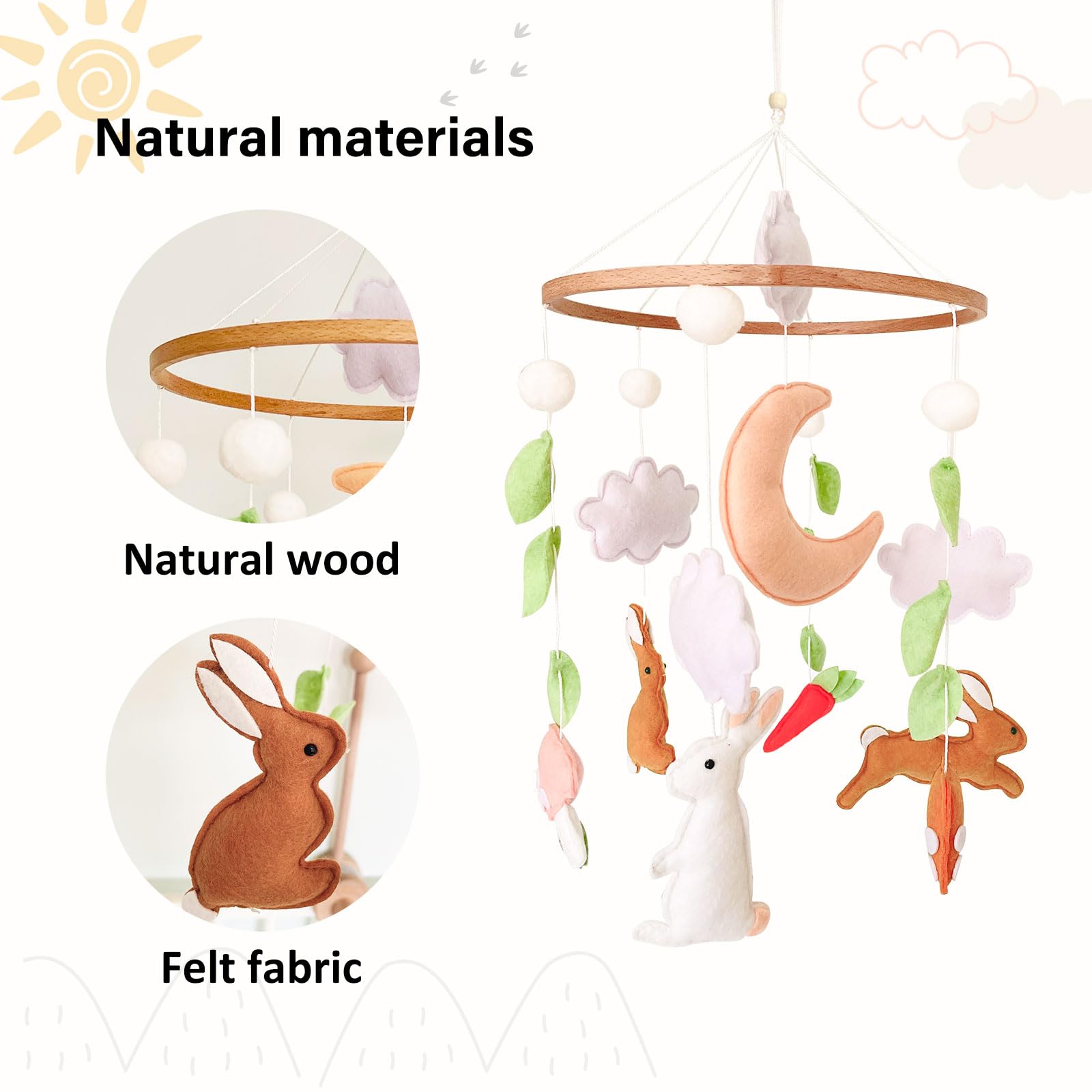 Sweety Baby woodland mobile cloud and mushroom design adds calming motion in nursery.