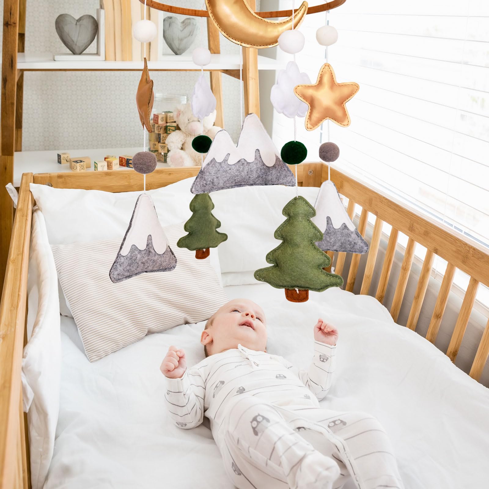 Sweety Baby Woodland Mobile seen in crib-view position supports gentle tracking.