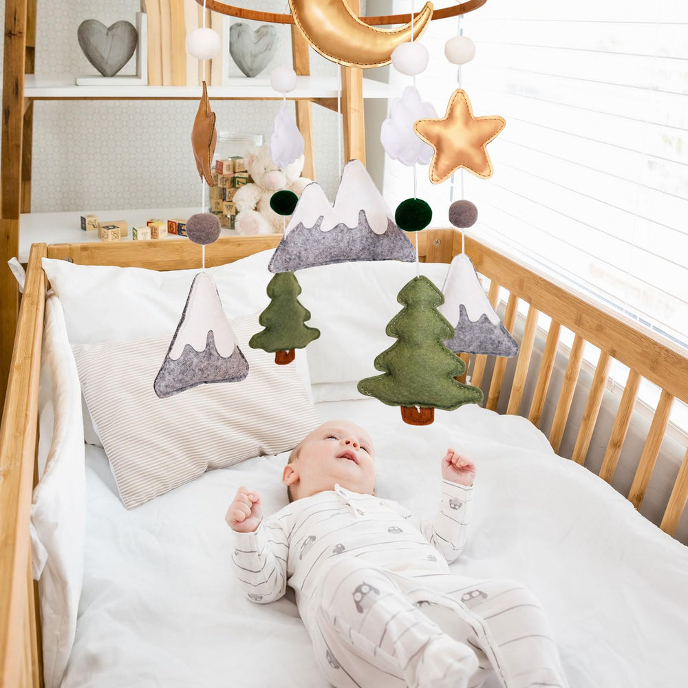 Sweety Baby Woodland Mobile seen in crib-view position supports gentle tracking.